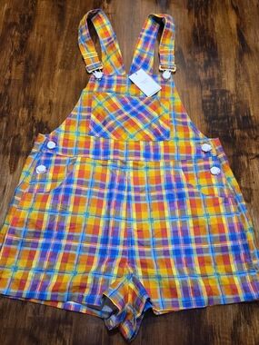 We Wore What Women's M Rainbow Overalls Short Romper Colorful Plaid Bold New